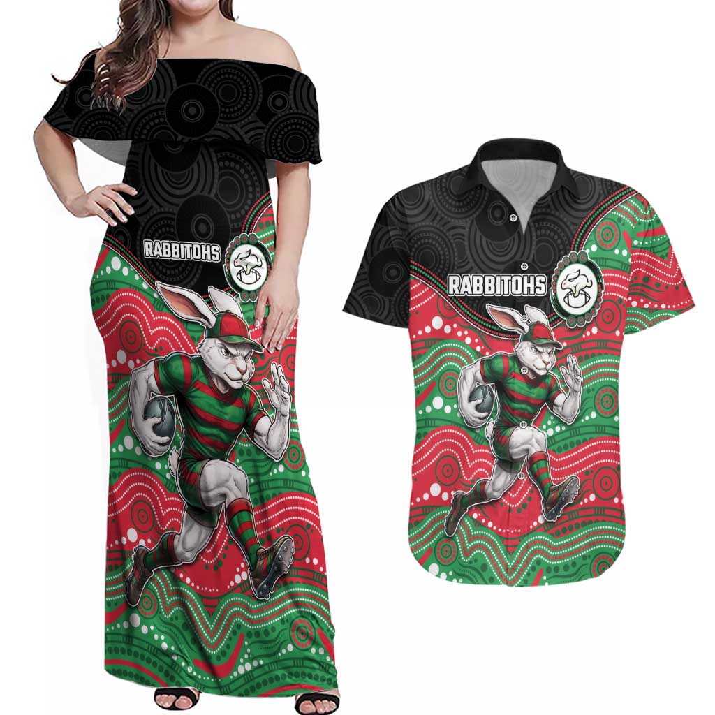Custom Rabbitohs Couples Matching Off Shoulder Maxi Dress and Hawaiian Shirt Rabbit Mascot With Aboriginal Indigenous