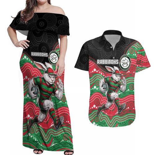 Custom Rabbitohs Couples Matching Off Shoulder Maxi Dress and Hawaiian Shirt Rabbit Mascot With Aboriginal Indigenous
