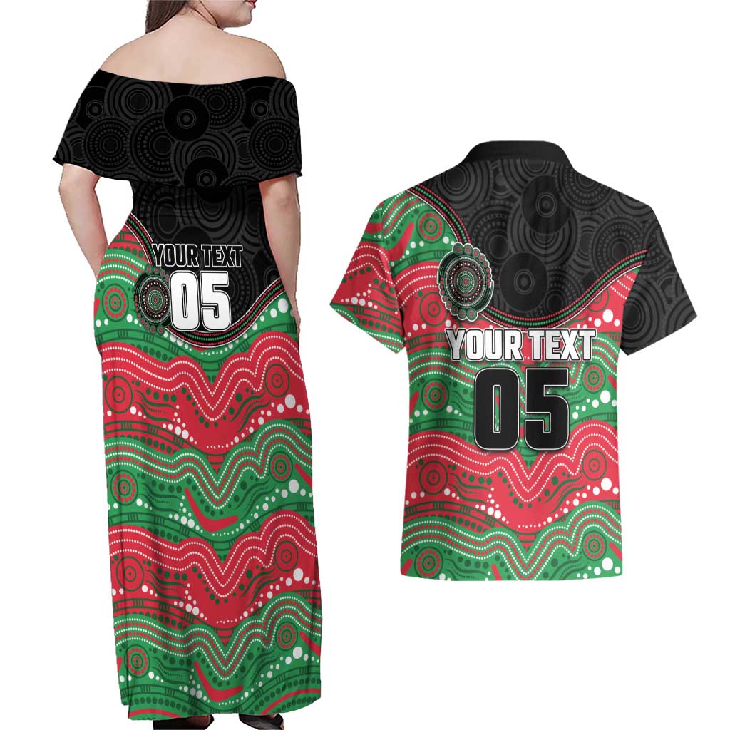 Custom Rabbitohs Couples Matching Off Shoulder Maxi Dress and Hawaiian Shirt Rabbit Mascot With Aboriginal Indigenous