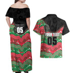 Custom Rabbitohs Couples Matching Off Shoulder Maxi Dress and Hawaiian Shirt Rabbit Mascot With Aboriginal Indigenous
