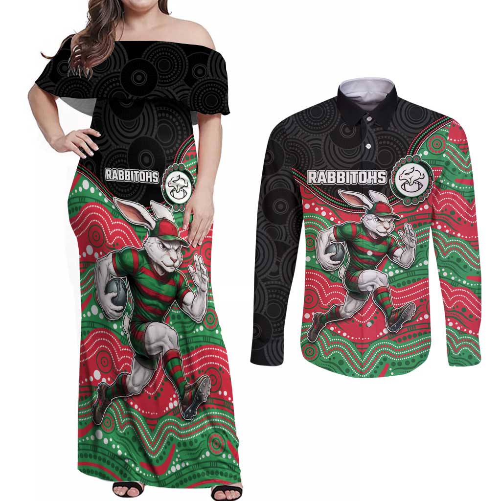 Custom Rabbitohs Couples Matching Off Shoulder Maxi Dress and Long Sleeve Button Shirt Rabbit Mascot With Aboriginal Indigenous