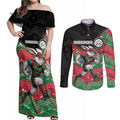 Custom Rabbitohs Couples Matching Off Shoulder Maxi Dress and Long Sleeve Button Shirt Rabbit Mascot With Aboriginal Indigenous