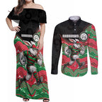 Custom Rabbitohs Couples Matching Off Shoulder Maxi Dress and Long Sleeve Button Shirt Rabbit Mascot With Aboriginal Indigenous