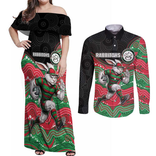 Custom Rabbitohs Couples Matching Off Shoulder Maxi Dress and Long Sleeve Button Shirt Rabbit Mascot With Aboriginal Indigenous