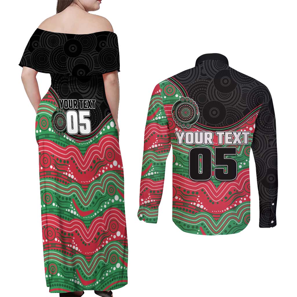 Custom Rabbitohs Couples Matching Off Shoulder Maxi Dress and Long Sleeve Button Shirt Rabbit Mascot With Aboriginal Indigenous