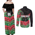 Custom Rabbitohs Couples Matching Off Shoulder Maxi Dress and Long Sleeve Button Shirt Rabbit Mascot With Aboriginal Indigenous