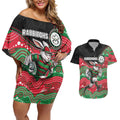 Custom Rabbitohs Couples Matching Off Shoulder Short Dress and Hawaiian Shirt Rabbit Mascot With Aboriginal Indigenous