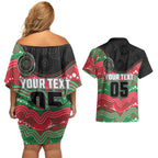 Custom Rabbitohs Couples Matching Off Shoulder Short Dress and Hawaiian Shirt Rabbit Mascot With Aboriginal Indigenous