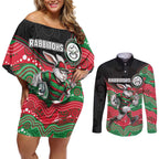 Custom Rabbitohs Couples Matching Off Shoulder Short Dress and Long Sleeve Button Shirt Rabbit Mascot With Aboriginal Indigenous