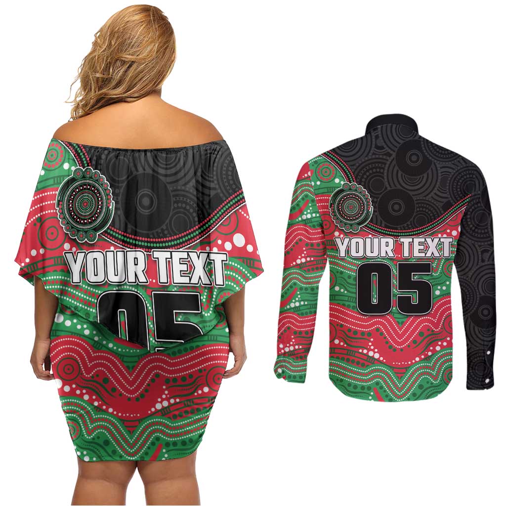 Custom Rabbitohs Couples Matching Off Shoulder Short Dress and Long Sleeve Button Shirt Rabbit Mascot With Aboriginal Indigenous