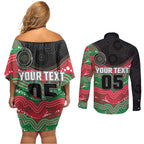 Custom Rabbitohs Couples Matching Off Shoulder Short Dress and Long Sleeve Button Shirt Rabbit Mascot With Aboriginal Indigenous