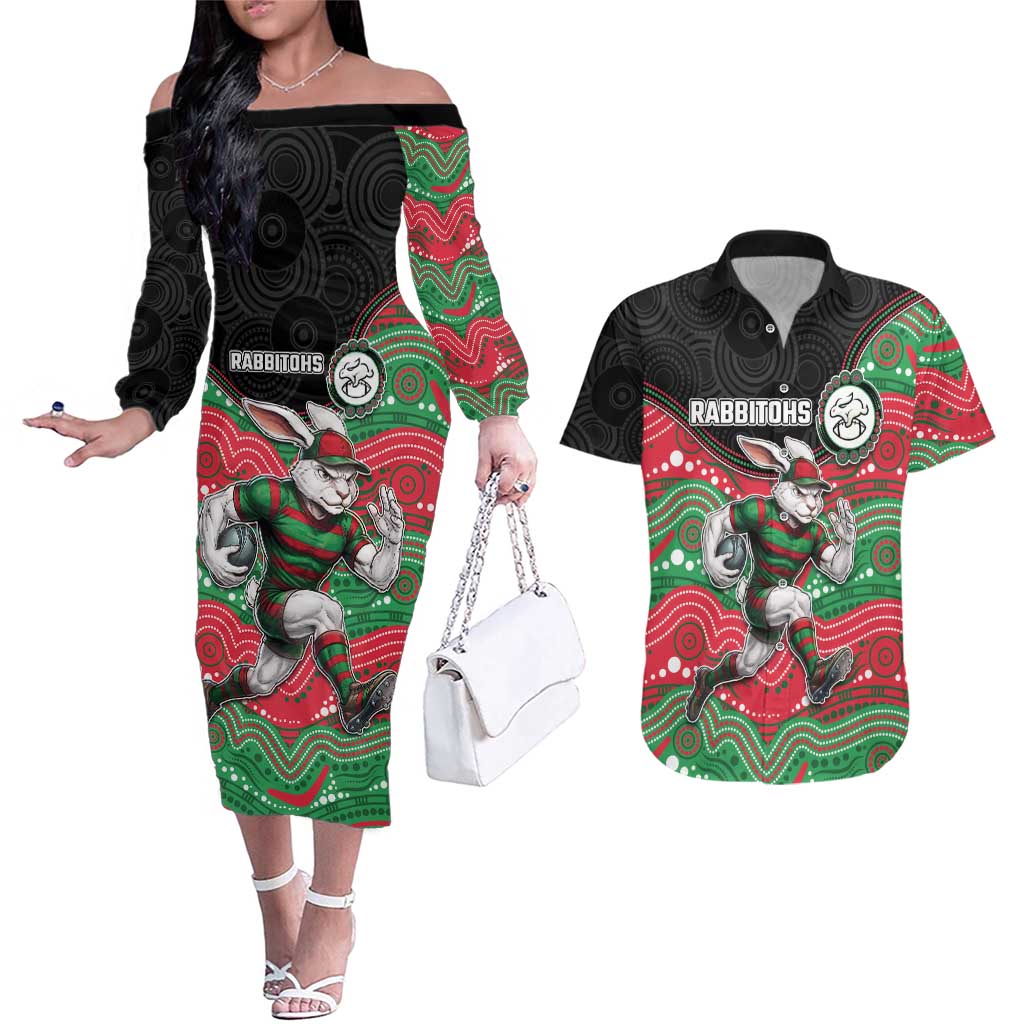 Custom Rabbitohs Couples Matching Off The Shoulder Long Sleeve Dress and Hawaiian Shirt Rabbit Mascot With Aboriginal Indigenous