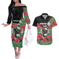 Custom Rabbitohs Couples Matching Off The Shoulder Long Sleeve Dress and Hawaiian Shirt Rabbit Mascot With Aboriginal Indigenous