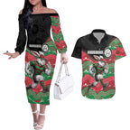 Custom Rabbitohs Couples Matching Off The Shoulder Long Sleeve Dress and Hawaiian Shirt Rabbit Mascot With Aboriginal Indigenous