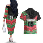 Custom Rabbitohs Couples Matching Off The Shoulder Long Sleeve Dress and Hawaiian Shirt Rabbit Mascot With Aboriginal Indigenous