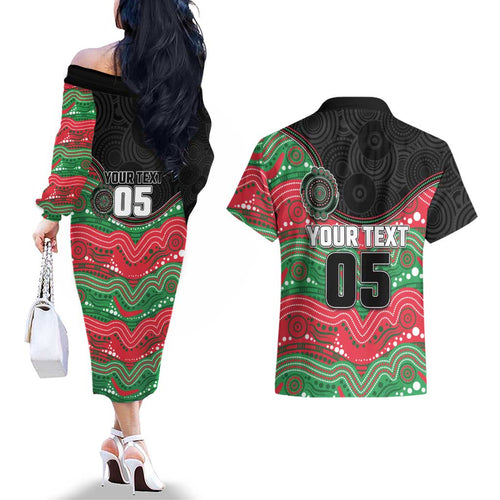 Custom Rabbitohs Couples Matching Off The Shoulder Long Sleeve Dress and Hawaiian Shirt Rabbit Mascot With Aboriginal Indigenous