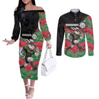 Custom Rabbitohs Couples Matching Off The Shoulder Long Sleeve Dress and Long Sleeve Button Shirt Rabbit Mascot With Aboriginal Indigenous