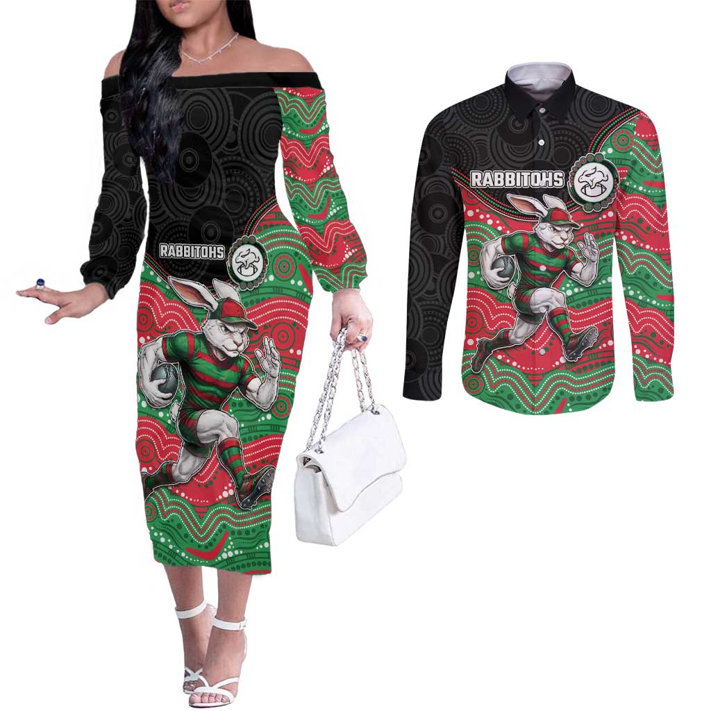 Custom Rabbitohs Couples Matching Off The Shoulder Long Sleeve Dress and Long Sleeve Button Shirt Rabbit Mascot With Aboriginal Indigenous