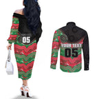 Custom Rabbitohs Couples Matching Off The Shoulder Long Sleeve Dress and Long Sleeve Button Shirt Rabbit Mascot With Aboriginal Indigenous