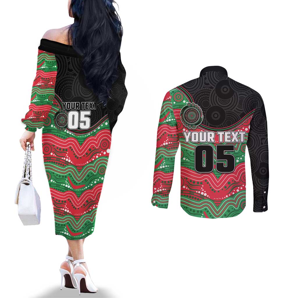 Custom Rabbitohs Couples Matching Off The Shoulder Long Sleeve Dress and Long Sleeve Button Shirt Rabbit Mascot With Aboriginal Indigenous