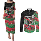 Custom Rabbitohs Couples Matching Puletasi and Long Sleeve Button Shirt Rabbit Mascot With Aboriginal Indigenous