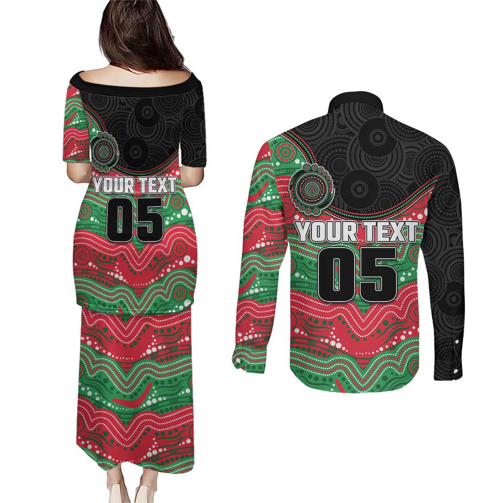 Custom Rabbitohs Couples Matching Puletasi and Long Sleeve Button Shirt Rabbit Mascot With Aboriginal Indigenous