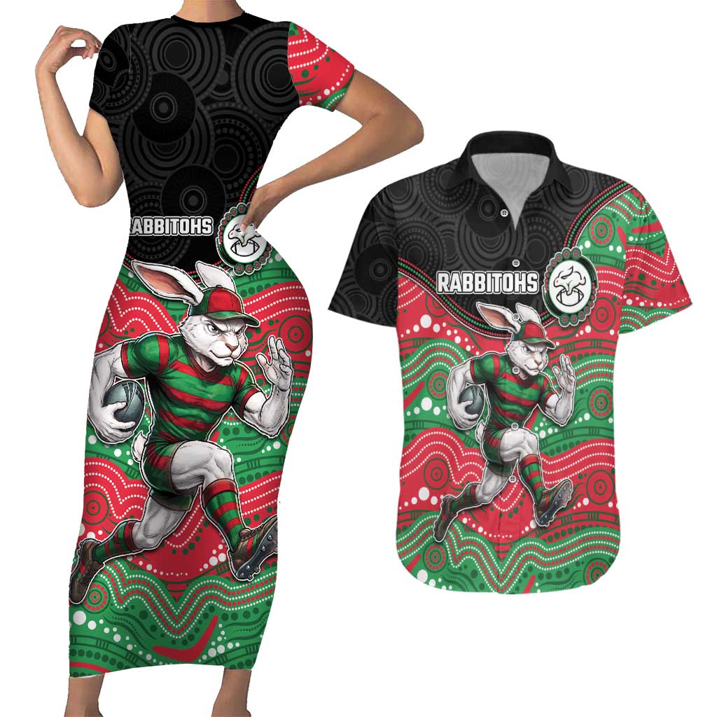 Custom Rabbitohs Couples Matching Short Sleeve Bodycon Dress and Hawaiian Shirt Rabbit Mascot With Aboriginal Indigenous
