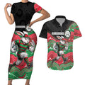 Custom Rabbitohs Couples Matching Short Sleeve Bodycon Dress and Hawaiian Shirt Rabbit Mascot With Aboriginal Indigenous