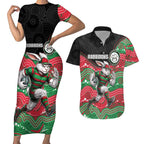Custom Rabbitohs Couples Matching Short Sleeve Bodycon Dress and Hawaiian Shirt Rabbit Mascot With Aboriginal Indigenous