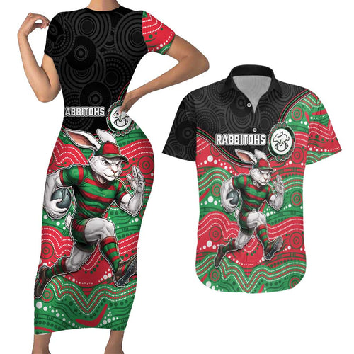 Custom Rabbitohs Couples Matching Short Sleeve Bodycon Dress and Hawaiian Shirt Rabbit Mascot With Aboriginal Indigenous