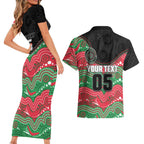 Custom Rabbitohs Couples Matching Short Sleeve Bodycon Dress and Hawaiian Shirt Rabbit Mascot With Aboriginal Indigenous