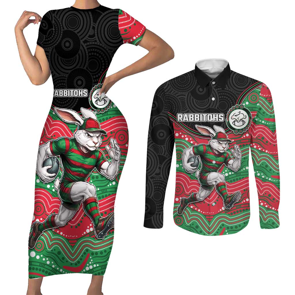 Custom Rabbitohs Couples Matching Short Sleeve Bodycon Dress and Long Sleeve Button Shirt Rabbit Mascot With Aboriginal Indigenous