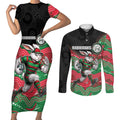 Custom Rabbitohs Couples Matching Short Sleeve Bodycon Dress and Long Sleeve Button Shirt Rabbit Mascot With Aboriginal Indigenous