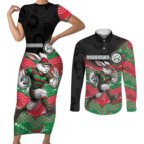 Custom Rabbitohs Couples Matching Short Sleeve Bodycon Dress and Long Sleeve Button Shirt Rabbit Mascot With Aboriginal Indigenous