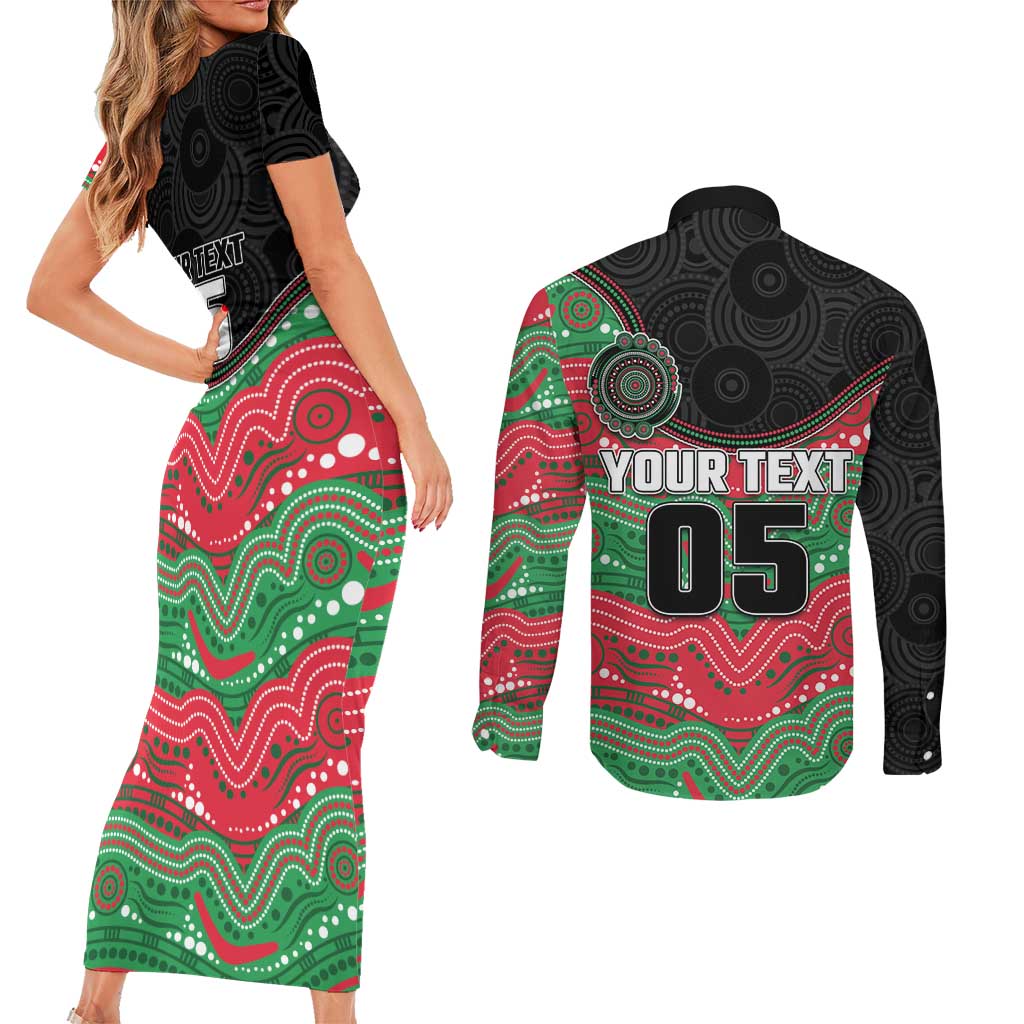 Custom Rabbitohs Couples Matching Short Sleeve Bodycon Dress and Long Sleeve Button Shirt Rabbit Mascot With Aboriginal Indigenous