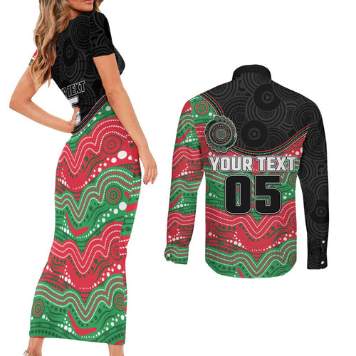 Custom Rabbitohs Couples Matching Short Sleeve Bodycon Dress and Long Sleeve Button Shirt Rabbit Mascot With Aboriginal Indigenous