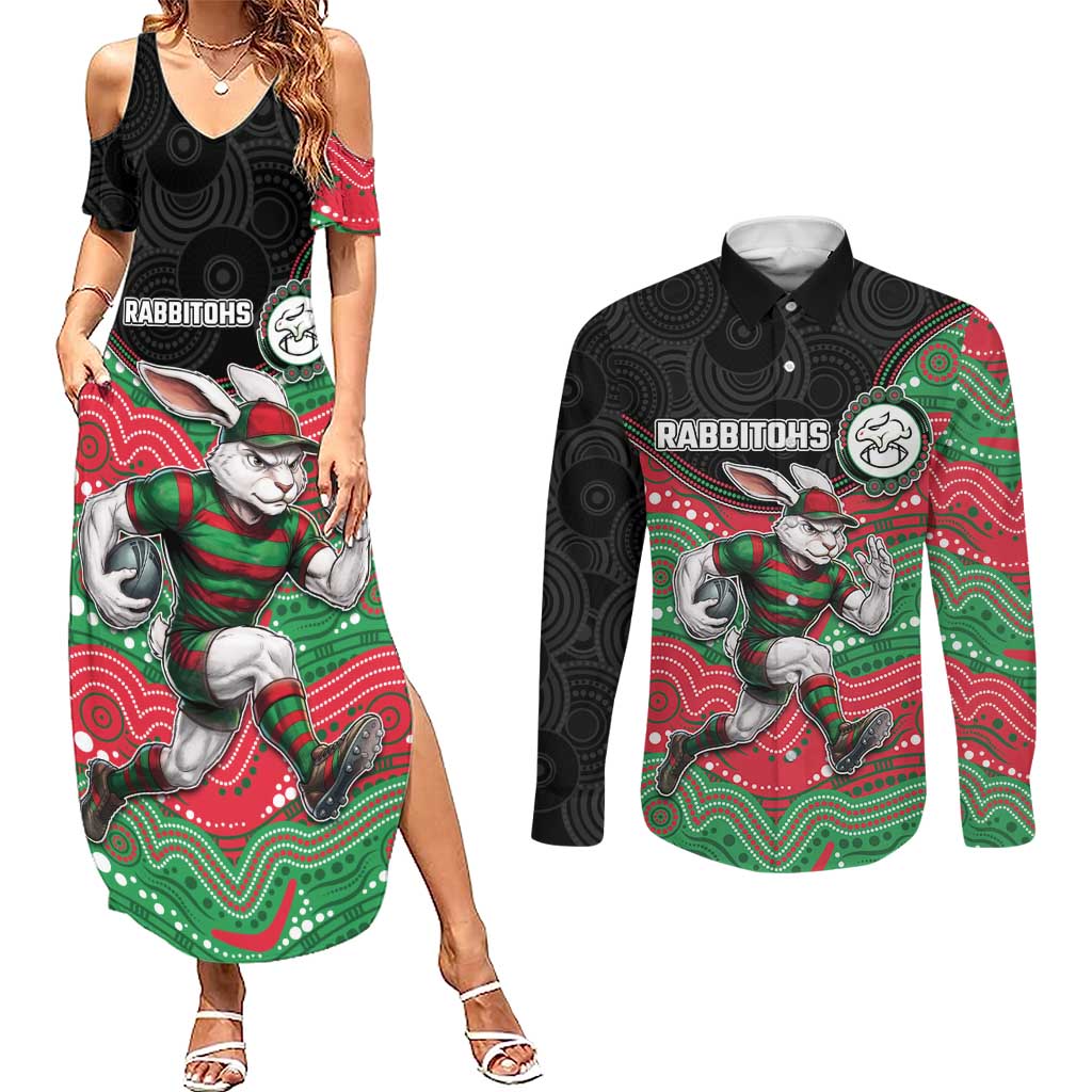 Custom Rabbitohs Couples Matching Summer Maxi Dress and Long Sleeve Button Shirt Rabbit Mascot With Aboriginal Indigenous