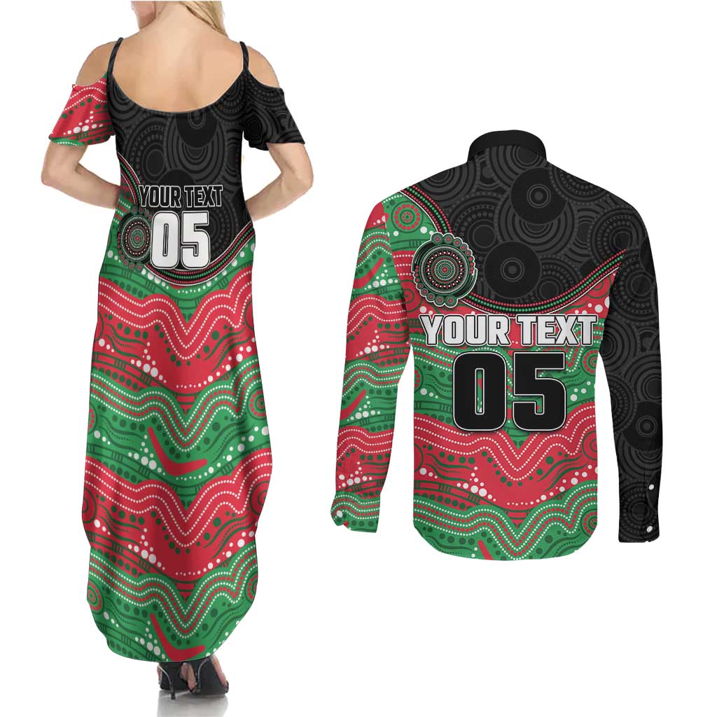 Custom Rabbitohs Couples Matching Summer Maxi Dress and Long Sleeve Button Shirt Rabbit Mascot With Aboriginal Indigenous