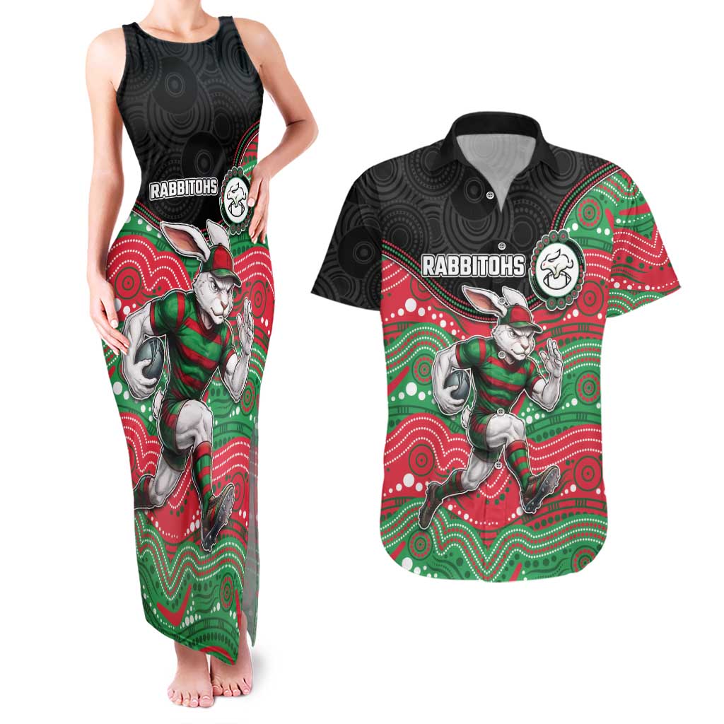 Custom Rabbitohs Couples Matching Tank Maxi Dress and Hawaiian Shirt Rabbit Mascot With Aboriginal Indigenous