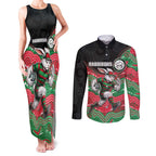 Custom Rabbitohs Couples Matching Tank Maxi Dress and Long Sleeve Button Shirt Rabbit Mascot With Aboriginal Indigenous
