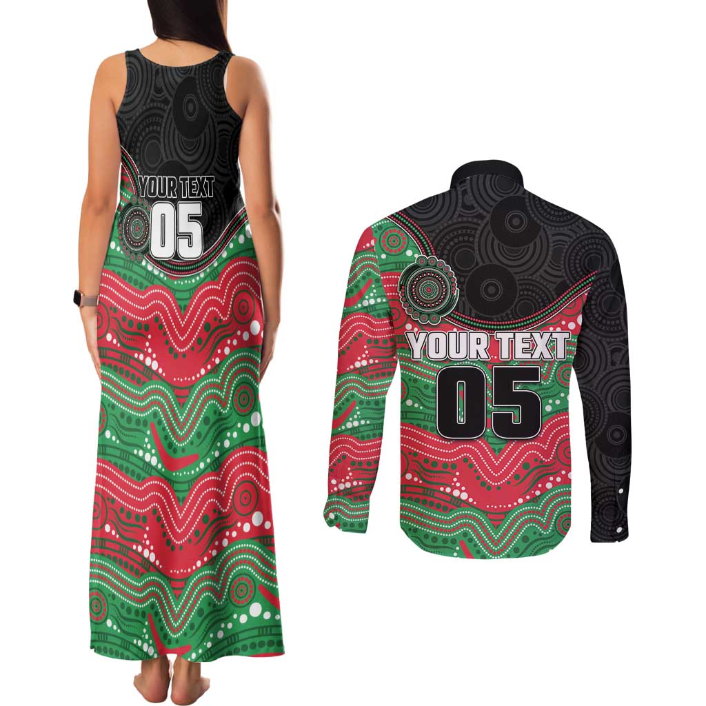 Custom Rabbitohs Couples Matching Tank Maxi Dress and Long Sleeve Button Shirt Rabbit Mascot With Aboriginal Indigenous