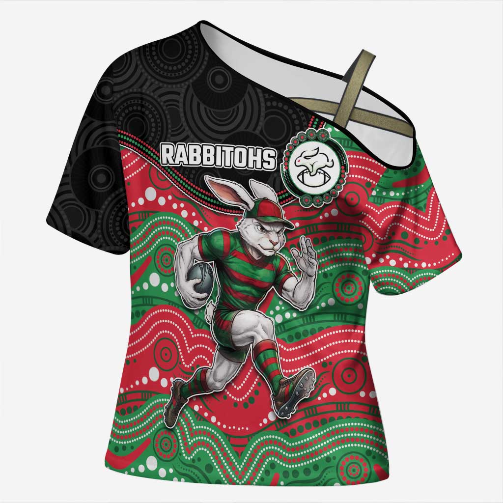 Custom Rabbitohs Cross Shoulder Shirt Rabbit Mascot With Aboriginal Indigenous