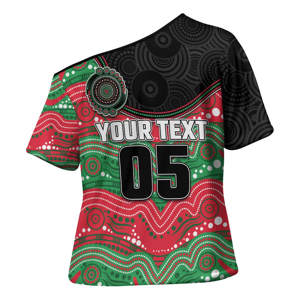 Custom Rabbitohs Cross Shoulder Shirt Rabbit Mascot With Aboriginal Indigenous