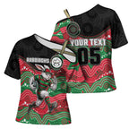 Custom Rabbitohs Cross Shoulder Shirt Rabbit Mascot With Aboriginal Indigenous
