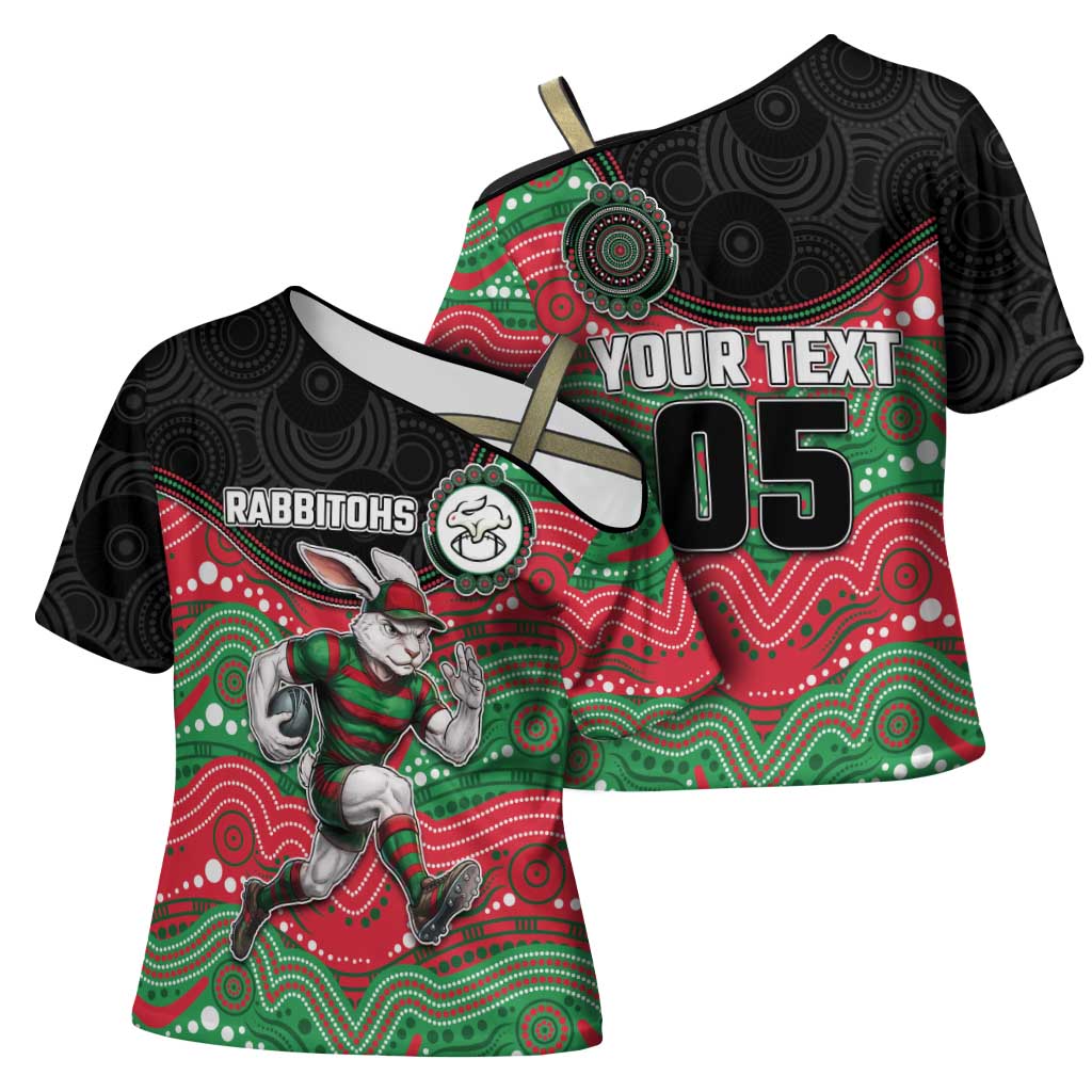 Custom Rabbitohs Cross Shoulder Shirt Rabbit Mascot With Aboriginal Indigenous