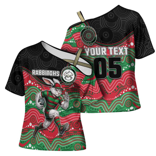 Custom Rabbitohs Cross Shoulder Shirt Rabbit Mascot With Aboriginal Indigenous