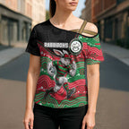 Custom Rabbitohs Cross Shoulder Shirt Rabbit Mascot With Aboriginal Indigenous