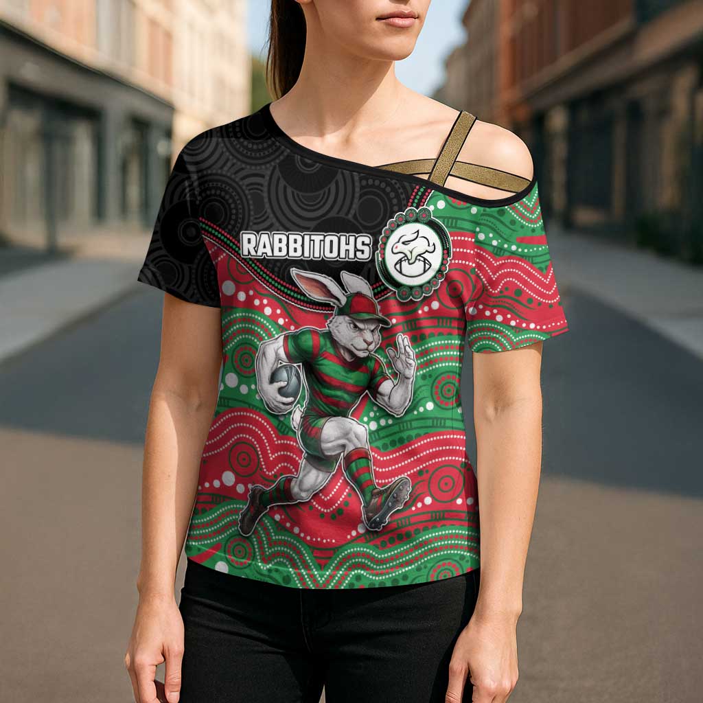 Custom Rabbitohs Cross Shoulder Shirt Rabbit Mascot With Aboriginal Indigenous