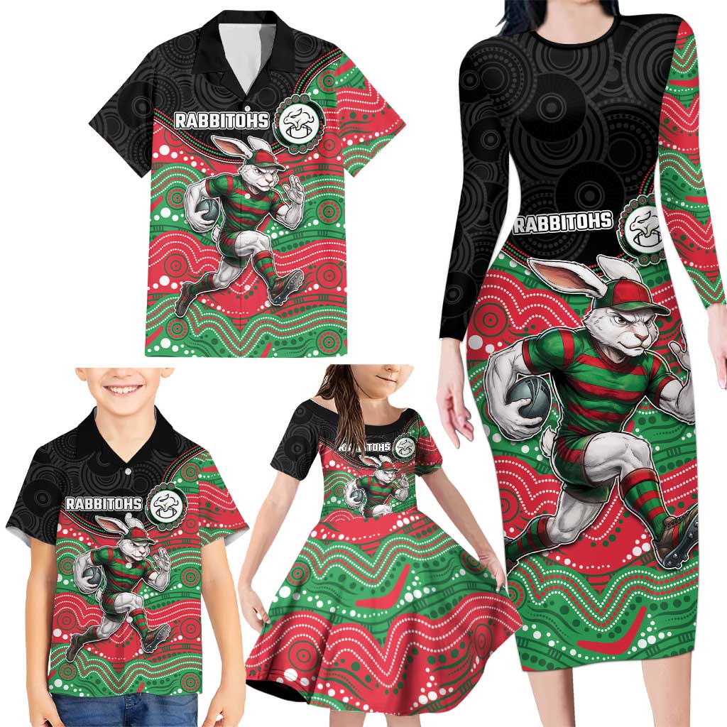 Custom Rabbitohs Family Matching Long Sleeve Bodycon Dress and Hawaiian Shirt Rabbit Mascot With Aboriginal Indigenous