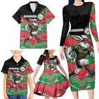 Custom Rabbitohs Family Matching Long Sleeve Bodycon Dress and Hawaiian Shirt Rabbit Mascot With Aboriginal Indigenous